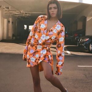 Zara floral wrap long sleeve satin mini dress , blogger favorite, cute for fall